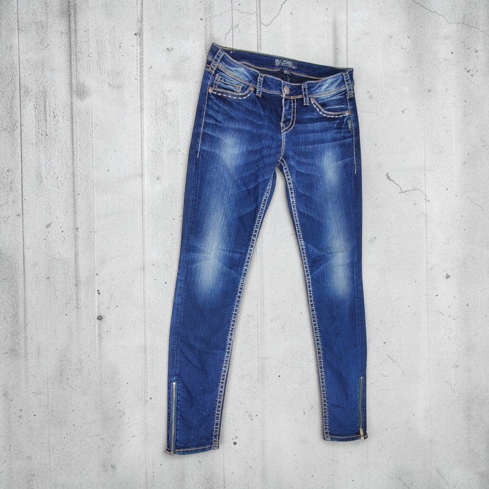 Silver Jeans Co Aiko Mid Slim Skinny Jeans Dark Wash Ankle Zip Blue Size 29